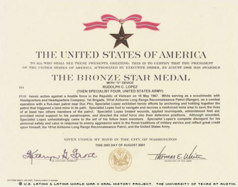 Bronze Star Medal awarded to Rudy Lopez on August 2001.